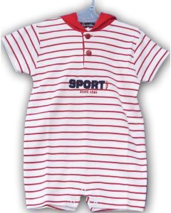 Baby romper i bomuldsjersey, bundfarven hvid med røde striber og hætte