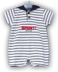 Baby romper i bomuldsjersey, hvid med marineblå striber og marineblå hætte