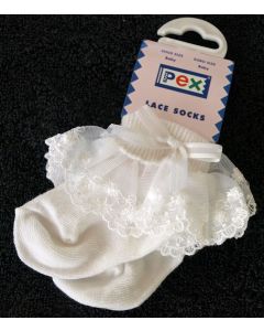 Hvide babysokker med blondekant. Str. 3-6 mdr.