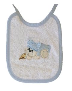 Hagesmæk i frotté med applikeret lyseblå bamse, kan fås med babys navn