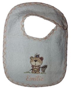 Hagesmæk i frotté med broderet bamsepige, tryklåslukning, og babys navn