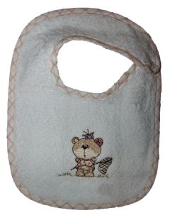 Hagesmæk i frotté med broderet bamsepige, tryklåslukning, og babys navn