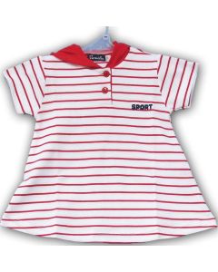 Babykjole med hætte og korte ærmer samt marineblåt logo med 'sport'.
