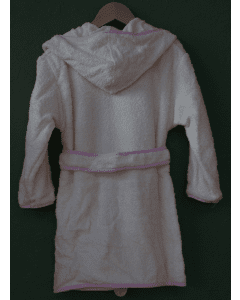 Naturfarvet frotté badekåbe med lyserødt kantbånd, hætte og personlig brodering – 100% bomuld