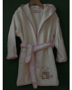 Naturfarvet frotté badekåbe med lyserødt kantbånd, hætte og personlig brodering – 100% bomuld