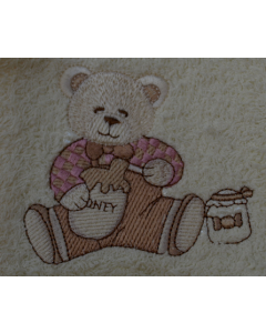 Naturfarvet pige badekåbe i frotté med lyserøde kantbånd og med bamse iført lyserød trøje, str. 3 og 4 år