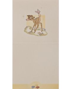 Pakkekort med Bambi med hul til gavebånd. Str. 12x12 cm.