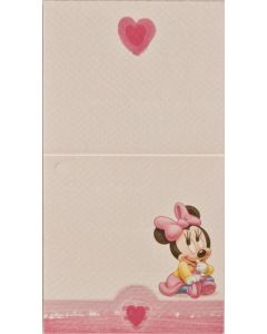 Pakkekort med Minnie Mouse som baby. Kortet har hul til gavebånd, samt fals nederst til lukning af kortet. Størrelse. 7,5x7,5 cm.