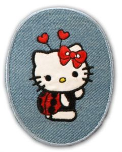 Strygelap i denim med Hello Kitty motiv, med strygebagside.

Størrelse: ca. 8,5x11cm.

