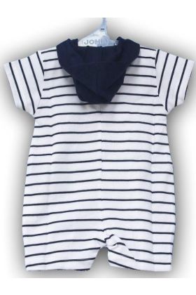 Baby romper i  hvid med marineblå striber og marineblå hætte