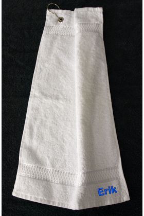 Hvid golfhåndklæde med navn eller initialer.