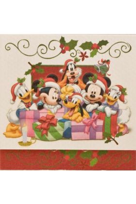 julepakkekort med Anders And, Andersine, Mickey Mouse, Minnie Mouse, Pluto og Fedtmule, 7,5x7,5 cm