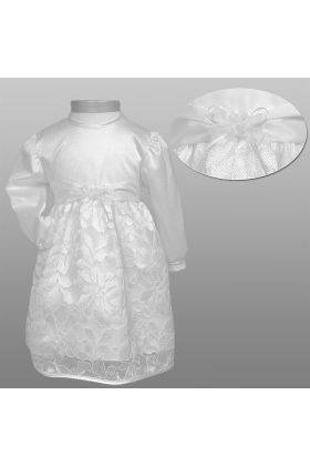 Kort kjole med lange ærmer og blondeskørt, velegnet som brudepige-, dåbskjole eller festkjole