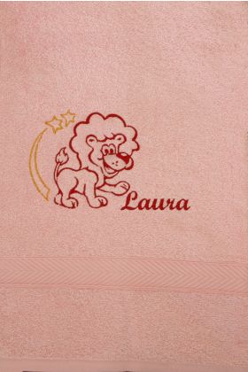 Lyserødt håndklæde eller badehåndklæde med Stjernetegn, navn samt evt. dato