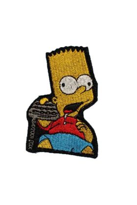 Strygemærke med Bart Simpson og sin uundværlige fjernbetjening.