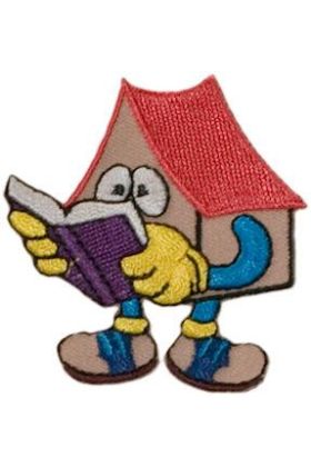 Strygemærke med hus der læser en bog