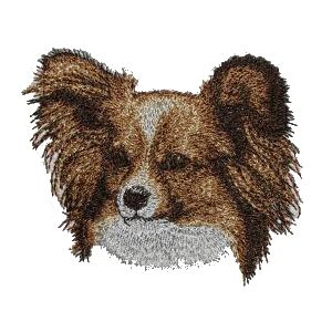Strygemærke med hunderacen Papillon - hvid/rød/sable.