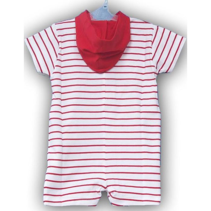 Baby romper i  hvid med røde striber og hætte