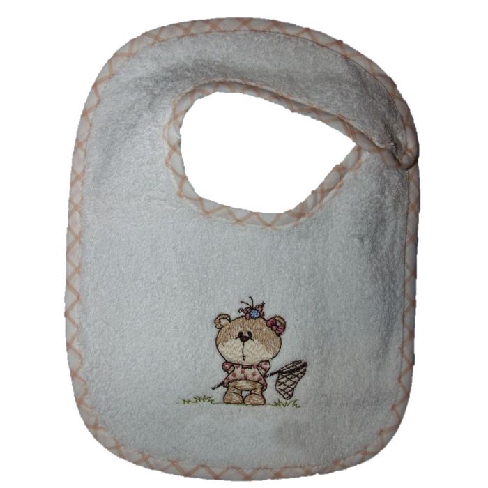 Hagesmæk i frotté med broderet bamsepige, tryklåslukning, og babys navn
