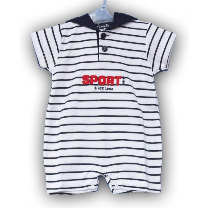Baby romper i bomuldsjersey, hvid med marineblå striber og marineblå hætte