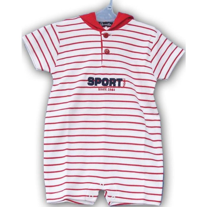 Baby romper i bomuldsjersey, bundfarven hvid med røde striber og hætte