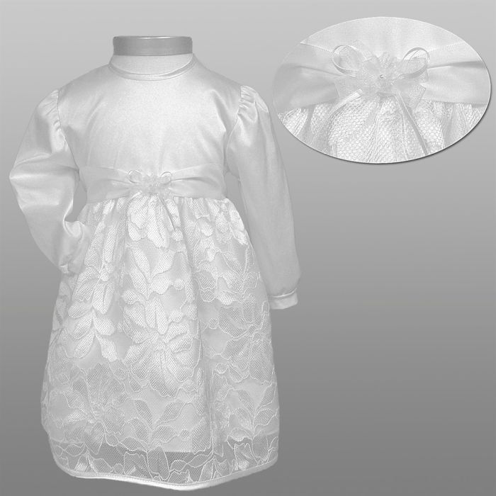 Kort kjole med lange ærmer og blondeskørt, velegnet som brudepige-, dåbskjole eller festkjole