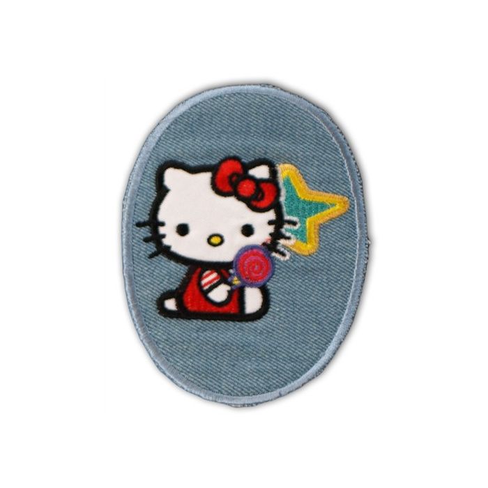 Strygelapi denim med Hello Kitty motiv, med strygebagside.

Størrelse: ca. 8,5x11cm.


