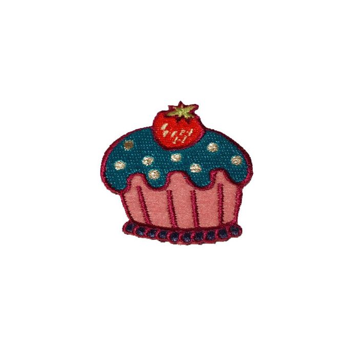 Strygemærke med lækker cupcake, icing og jordbær.  

Størrelse: ca. B45xH55mm.