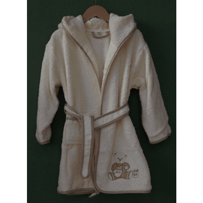 Unisex badekåbe med brun kant og broderet bamse – 100% bomuld, str. 3 og 4 år
